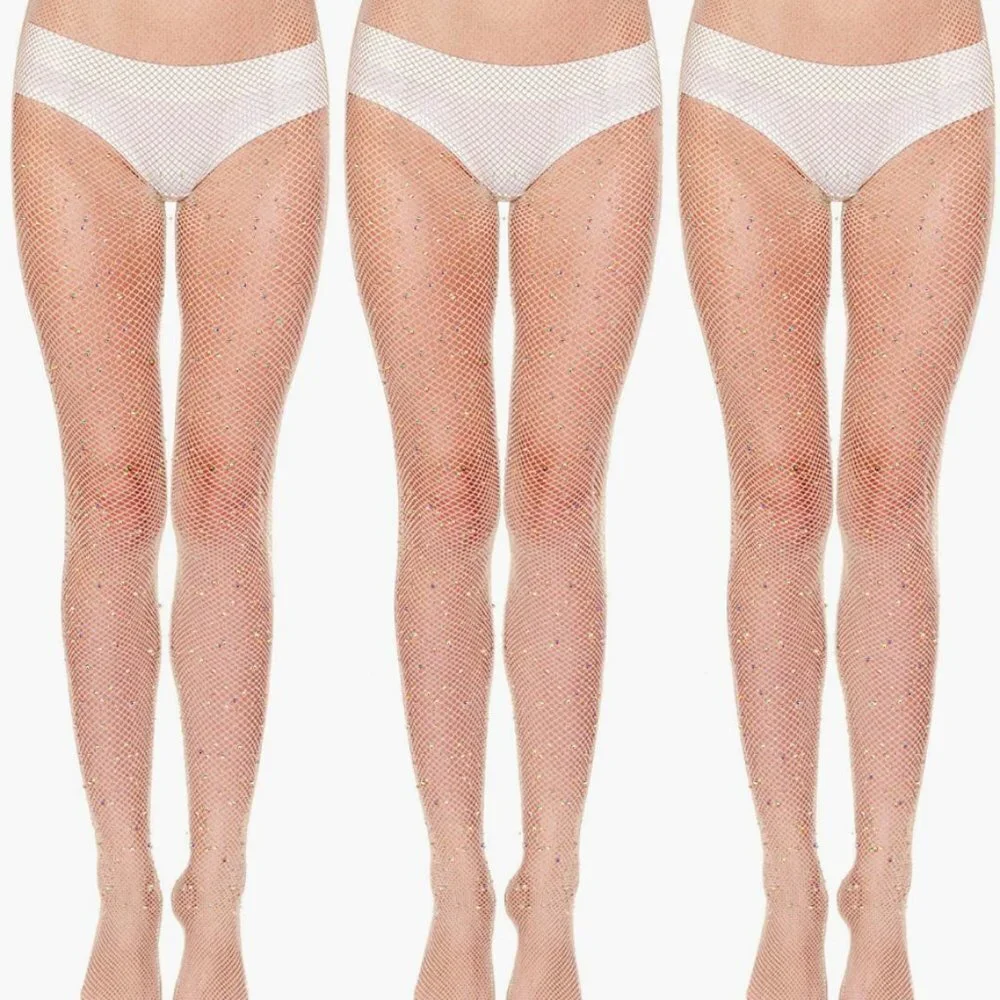 PACK OF 3‎ PAIRS!!! Nude Tan Crystal Rhinestone Mesh Fishnet Tights Pantyhose